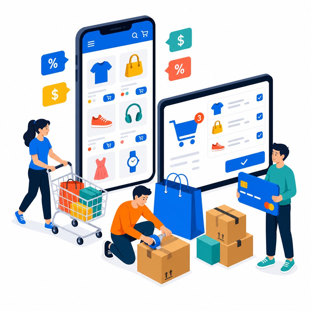 Illustration of an online shop with shopping cart and delivery boxes