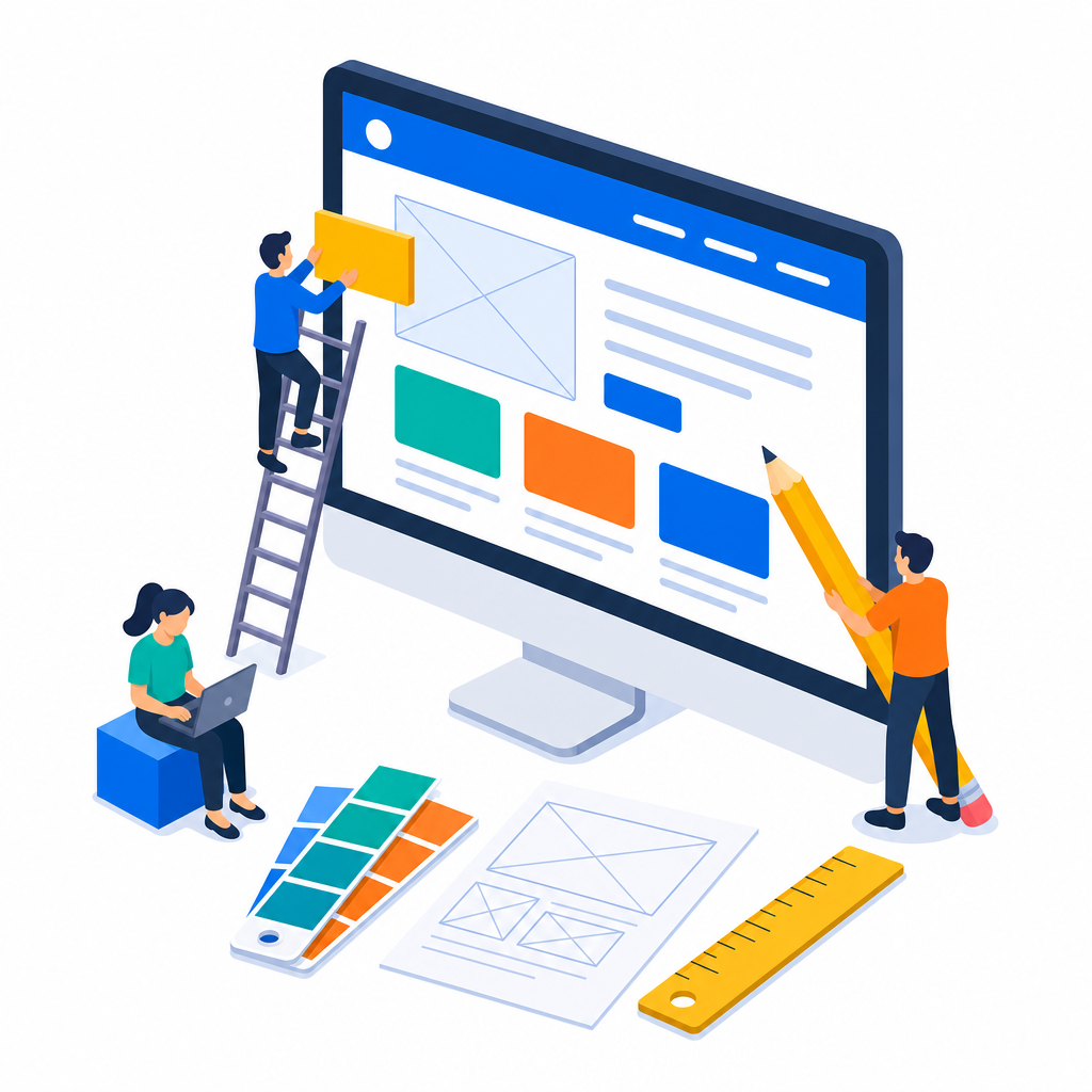 Illustration of a team designing a website on a large desktop screen